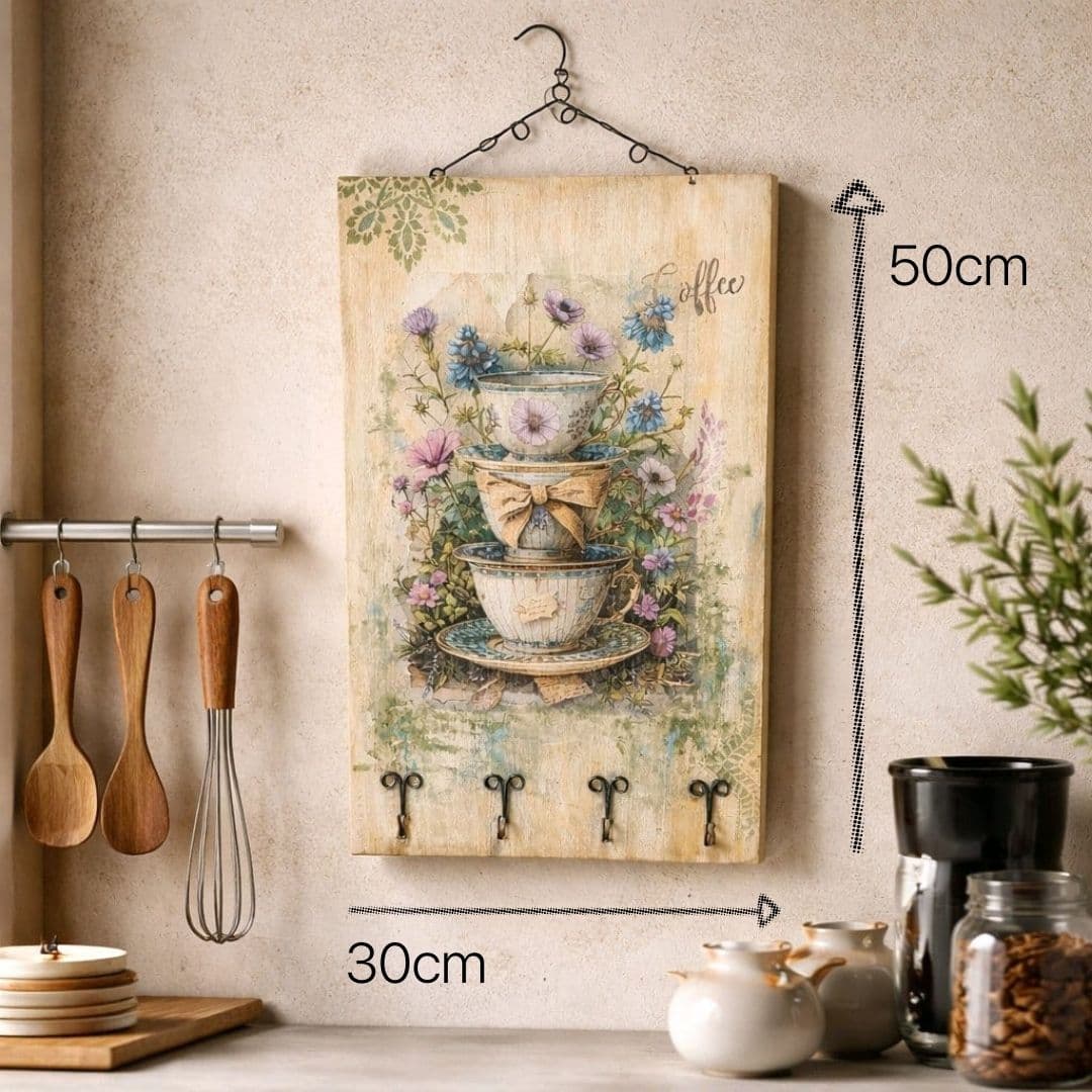 Quadro Xícaras com 5 Ganchos - Estilo Farmhouse - Imagem do produto