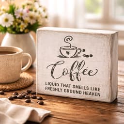 Plaquinha de mesa rústica em madeira com desenho de coração e grãos de café.