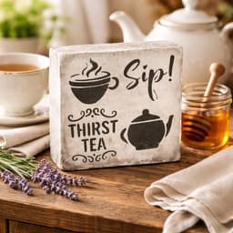 Plaquinha decorativa de mesa em madeira branca com chaleira e escrita Sip Thirst Tea estilo vintage.