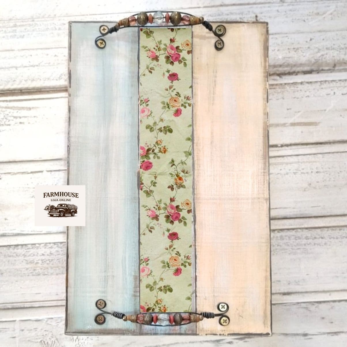 Bandeja Rústica com Decoupage Floral - Madeira Maciça - Imagem do produto