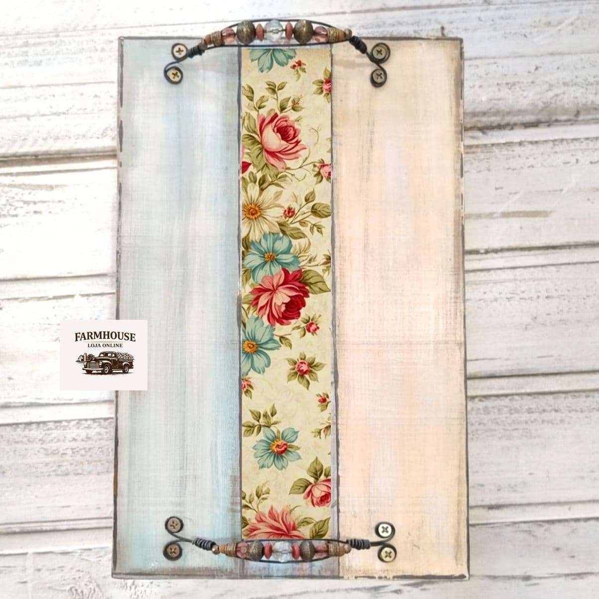 Bandeja Rústica com Decoupage Floral - Madeira Maciça - Imagem do produto