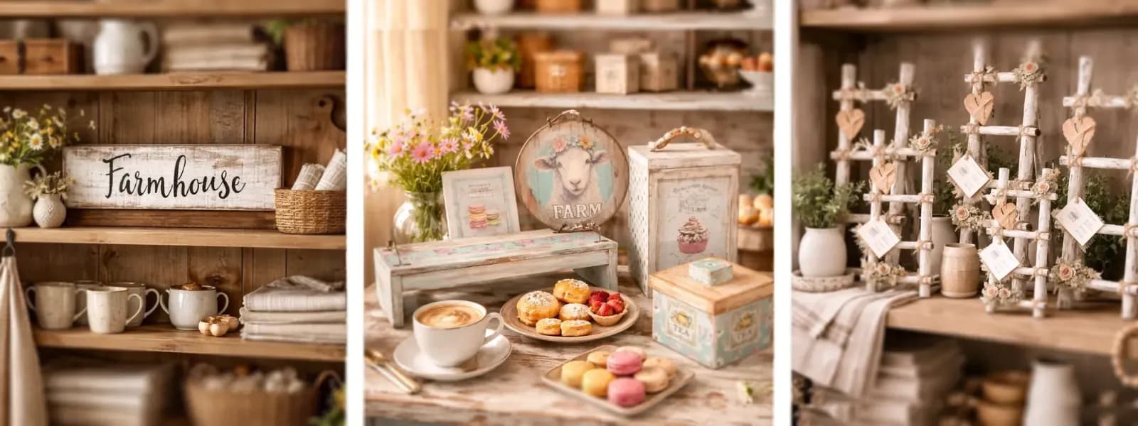 composição decorativa farmhouse com escadinha, caixas vintage, bandejas, quadros e placas decorativas