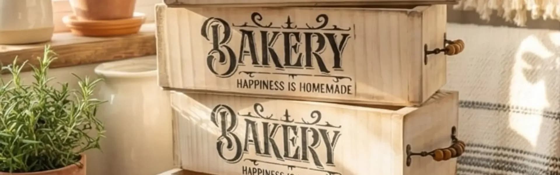 Caixa de pão Bakery em madeira clara estilo Farmhouse para organização de cozinha e mesa posta.