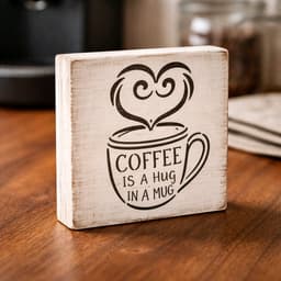 Plaquinha decorativa de mesa em madeira branca estilo rústico com desenho de xícara e coração e frase sobre café.