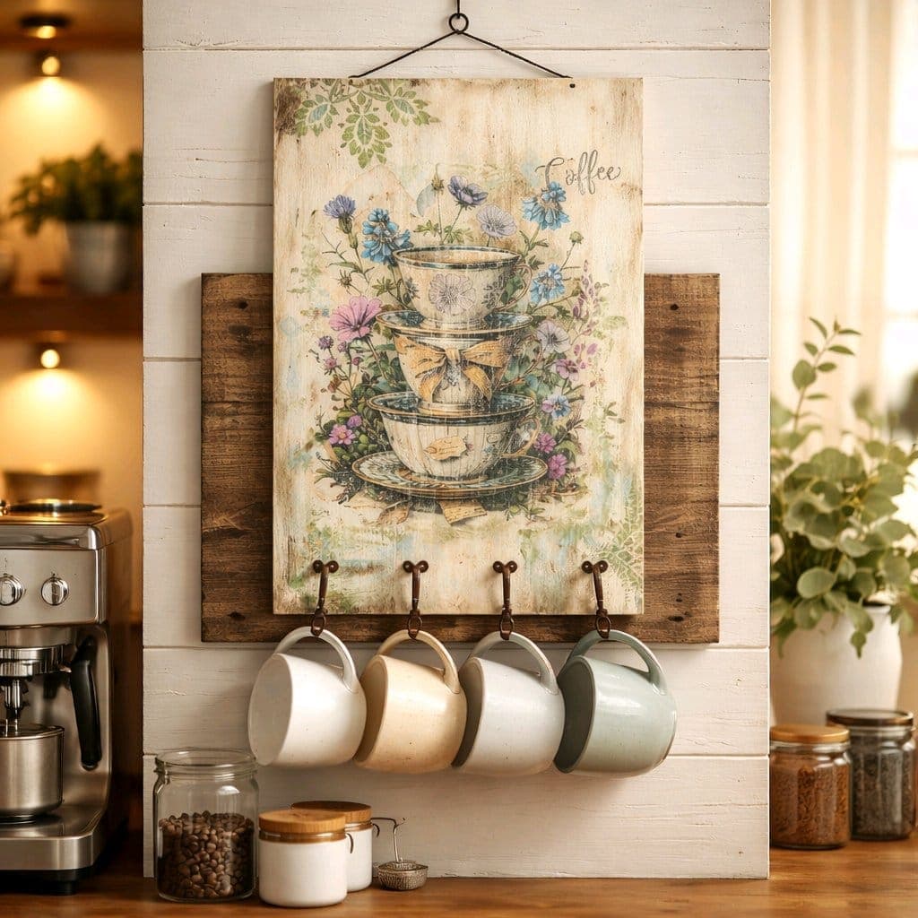 Quadro Xícaras com 5 Ganchos - Estilo Farmhouse - Imagem do produto