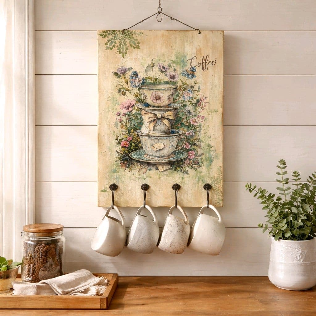 Quadro Xícaras com 5 Ganchos - Estilo Farmhouse - Imagem do produto