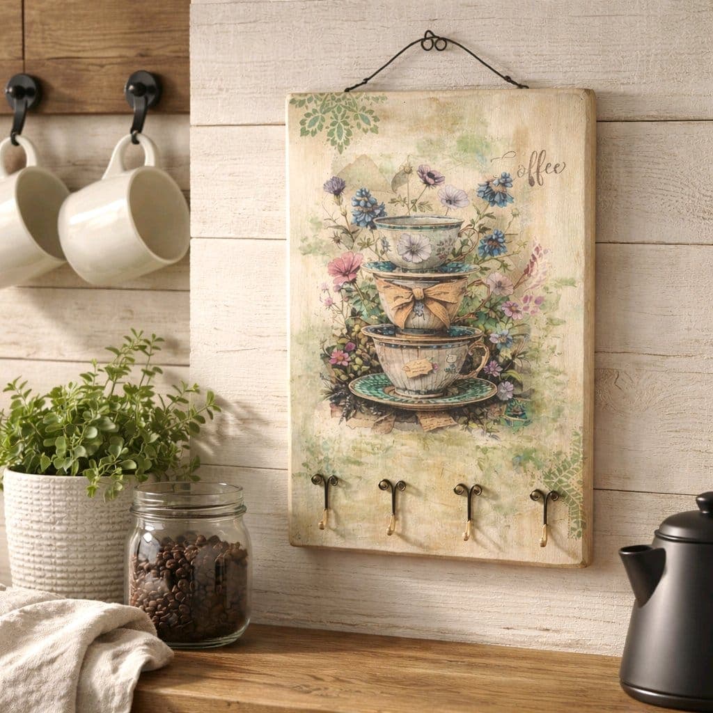 Quadro Xícaras com 5 Ganchos - Estilo Farmhouse - Imagem do produto