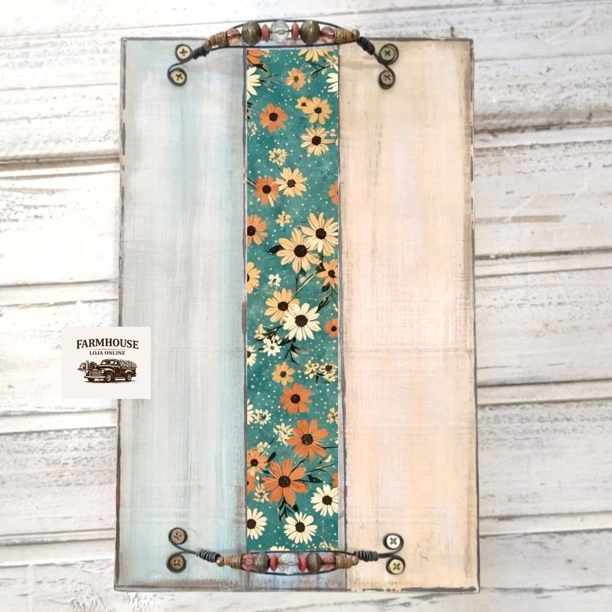 Bandeja Rústica com Decoupage Floral - Madeira Maciça - Imagem do produto