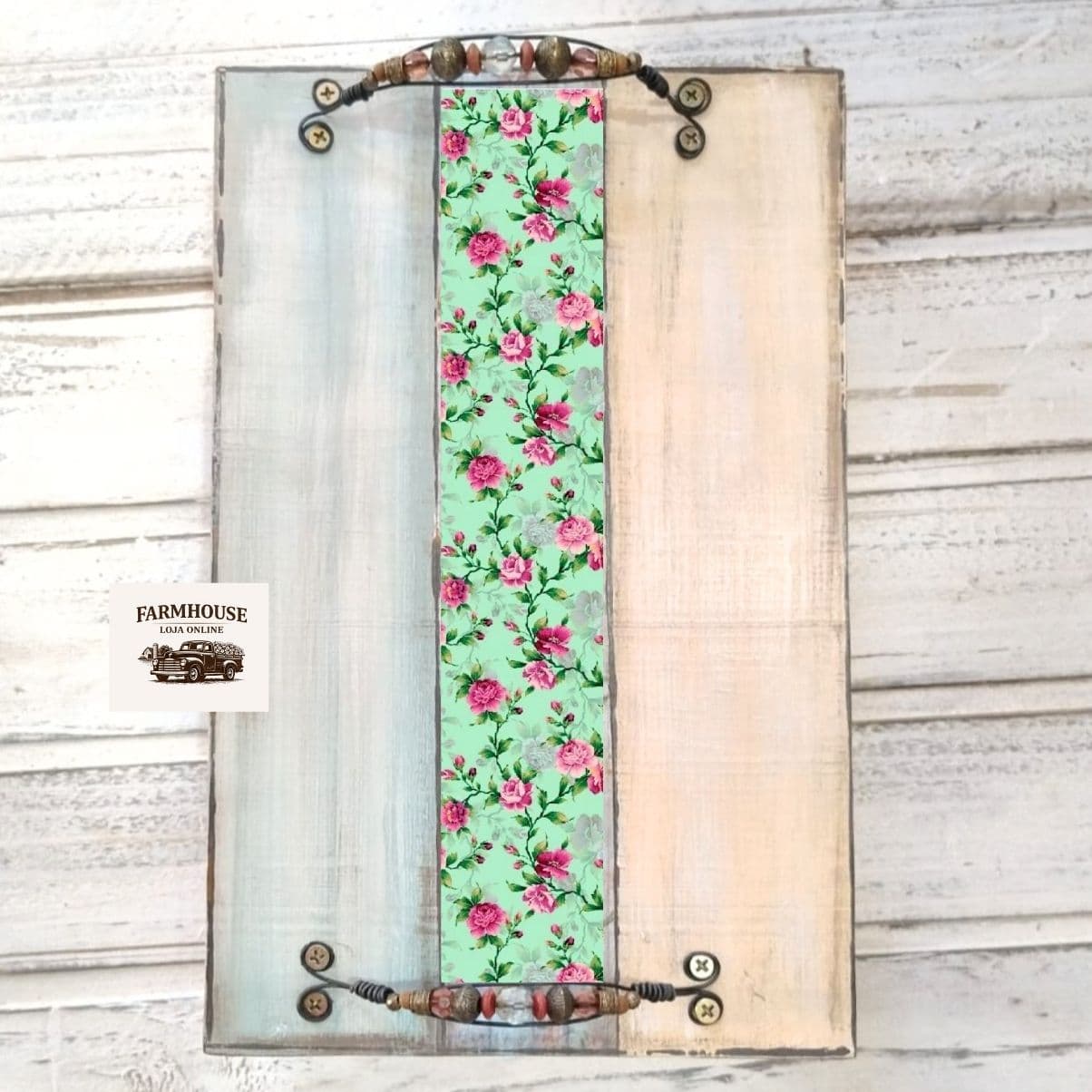 Bandeja Rústica com Decoupage Floral - Madeira Maciça - Imagem do produto